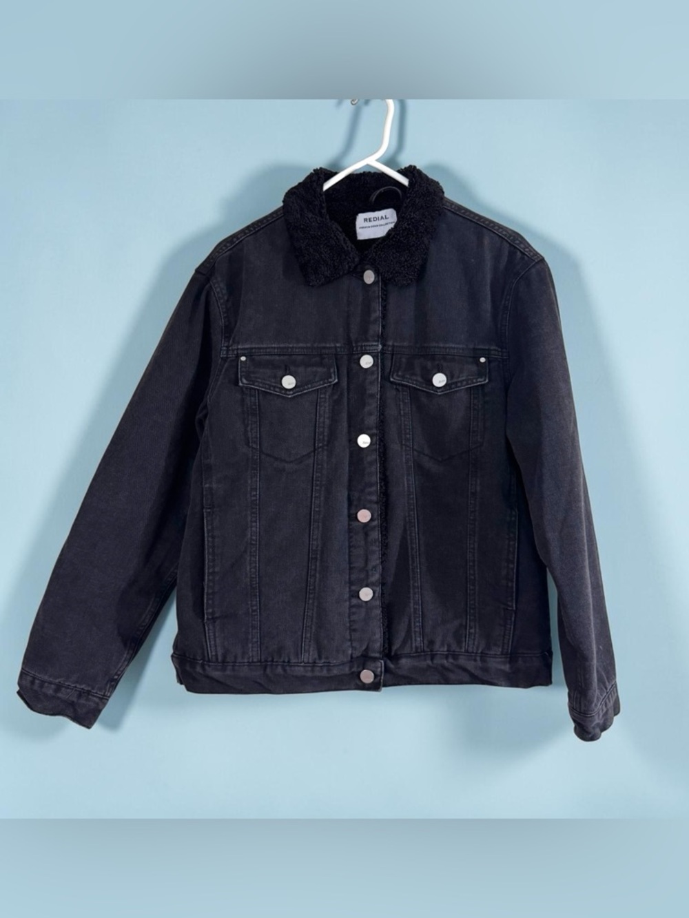 Redial Sherpa Lined Denim Jacket Black Women’s Size Large Warm Classic Everyday